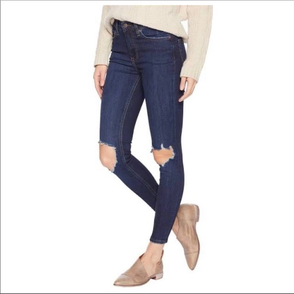 Free People Denim - Free People High Rise Skinny Distressed Busted Knee Dark Wash Denim Jeans